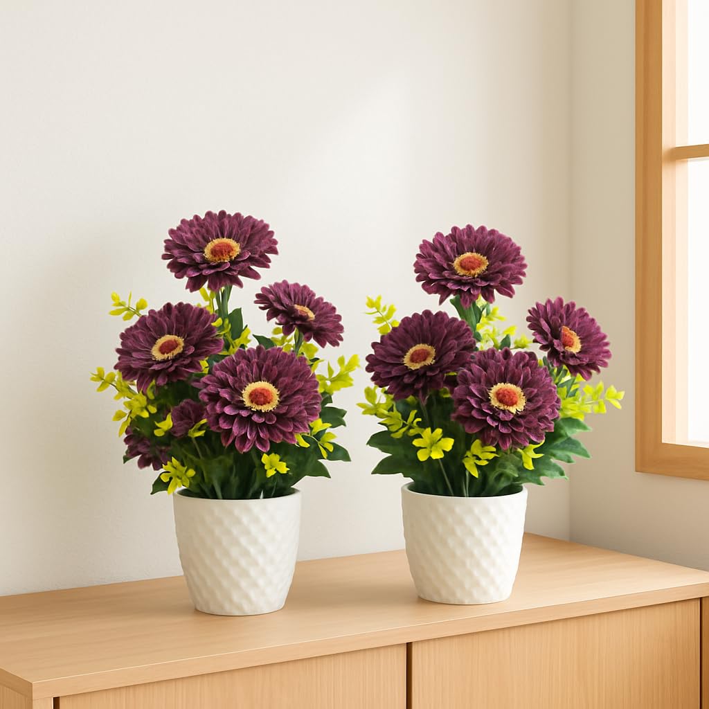 {{ Artificial Flower Arrangement Purple Daisy with Yellow Accents in White Geometric Pot - Purple Desai }} {{ Color }}