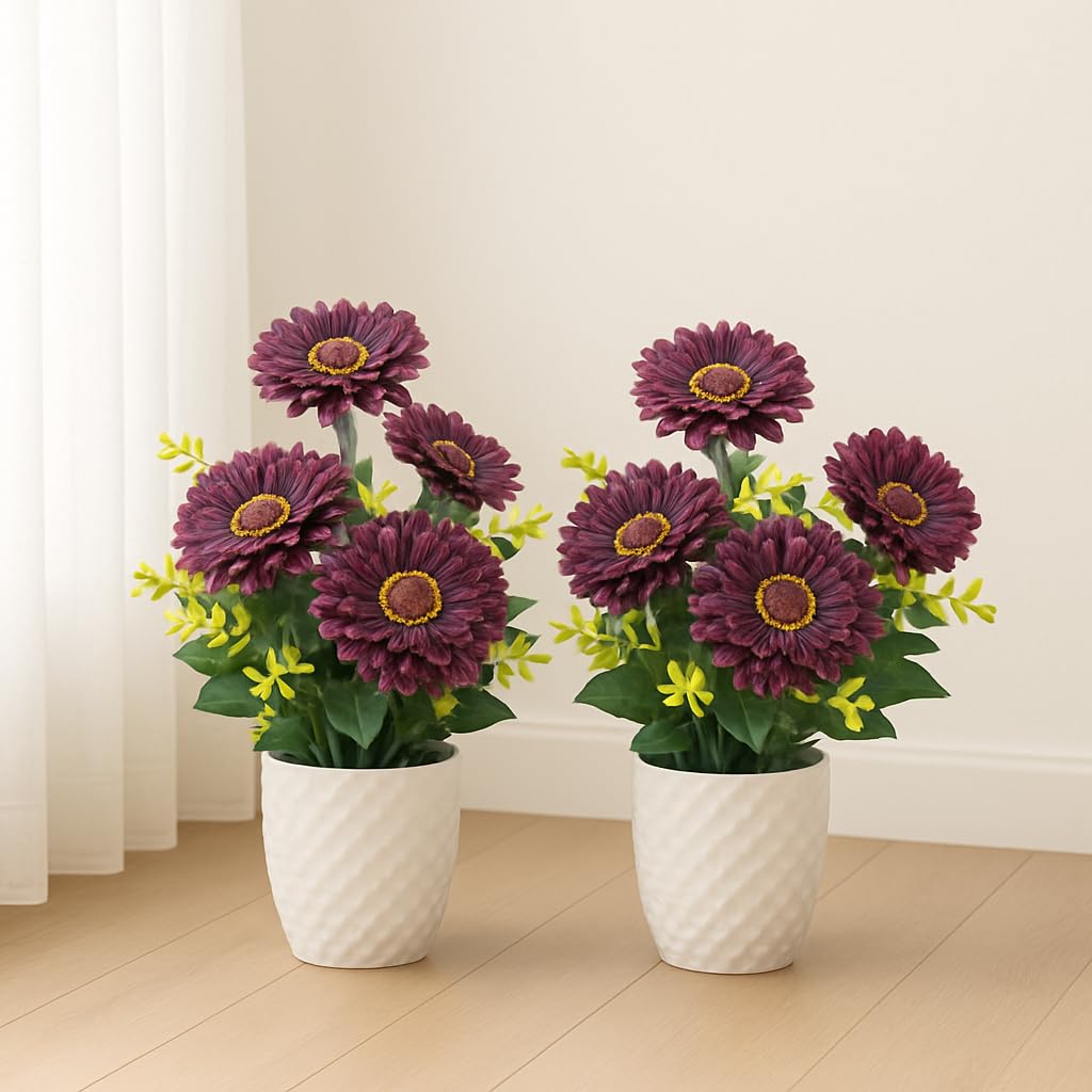 {{ Artificial Flower Arrangement Purple Daisy with Yellow Accents in White Geometric Pot - Purple Desai }} {{ Color }}