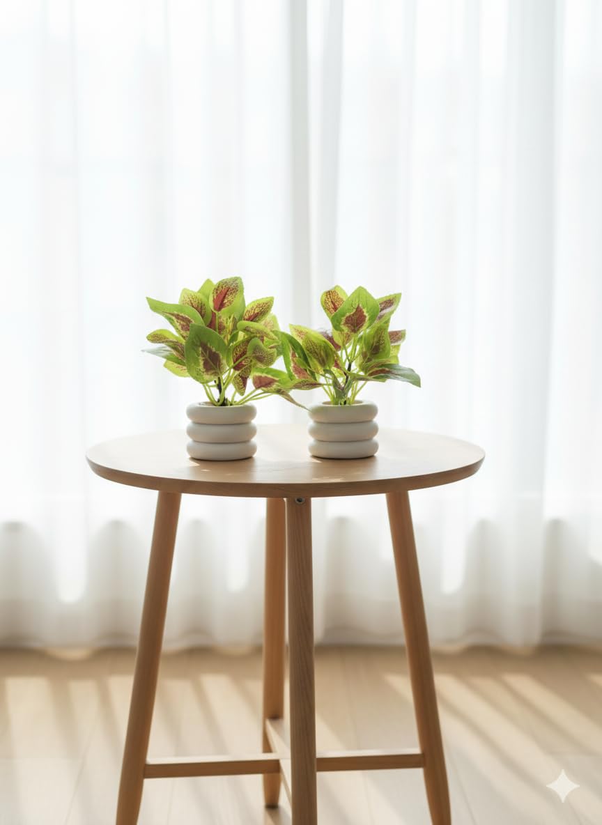 Artificial Plants for Home Décor – Green & Red Leaf Faux Plants with Fiber Plastic Pots-Pack of 2