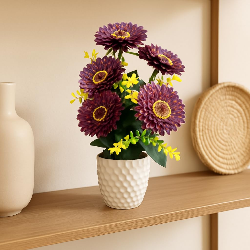 {{ Artificial Flower Arrangement Purple Daisy with Yellow Accents in White Geometric Pot - Purple Desai }} {{ Color }}