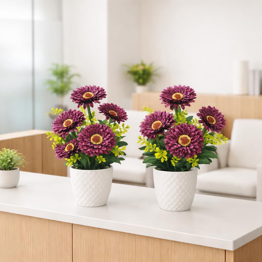 {{ Artificial Flower Arrangement Purple Daisy with Yellow Accents in White Geometric Pot - Purple Desai }} {{ Color }}