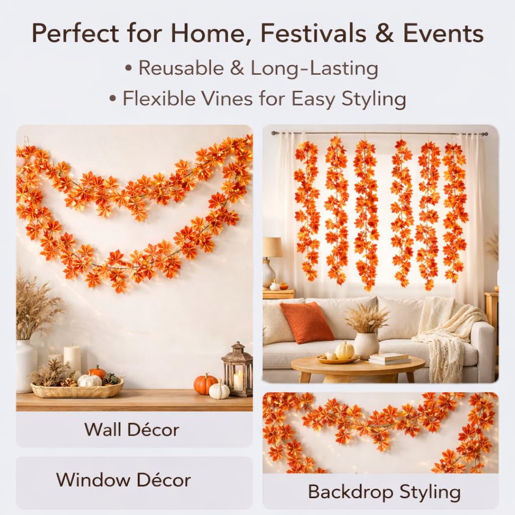 Artificial Maple Leaf Vine | Autumn Fall Hanging Creepers for Home, Wall, Balcony & Festival Decoration